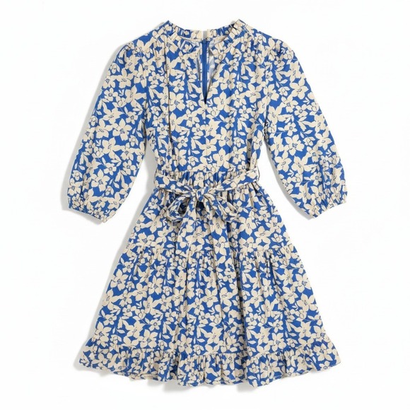 Shoshanna Dresses & Skirts - Shoshanna Floral Midi Dress Belted Ruffle‎ Hem Split Neck Blue Ivory Size 4